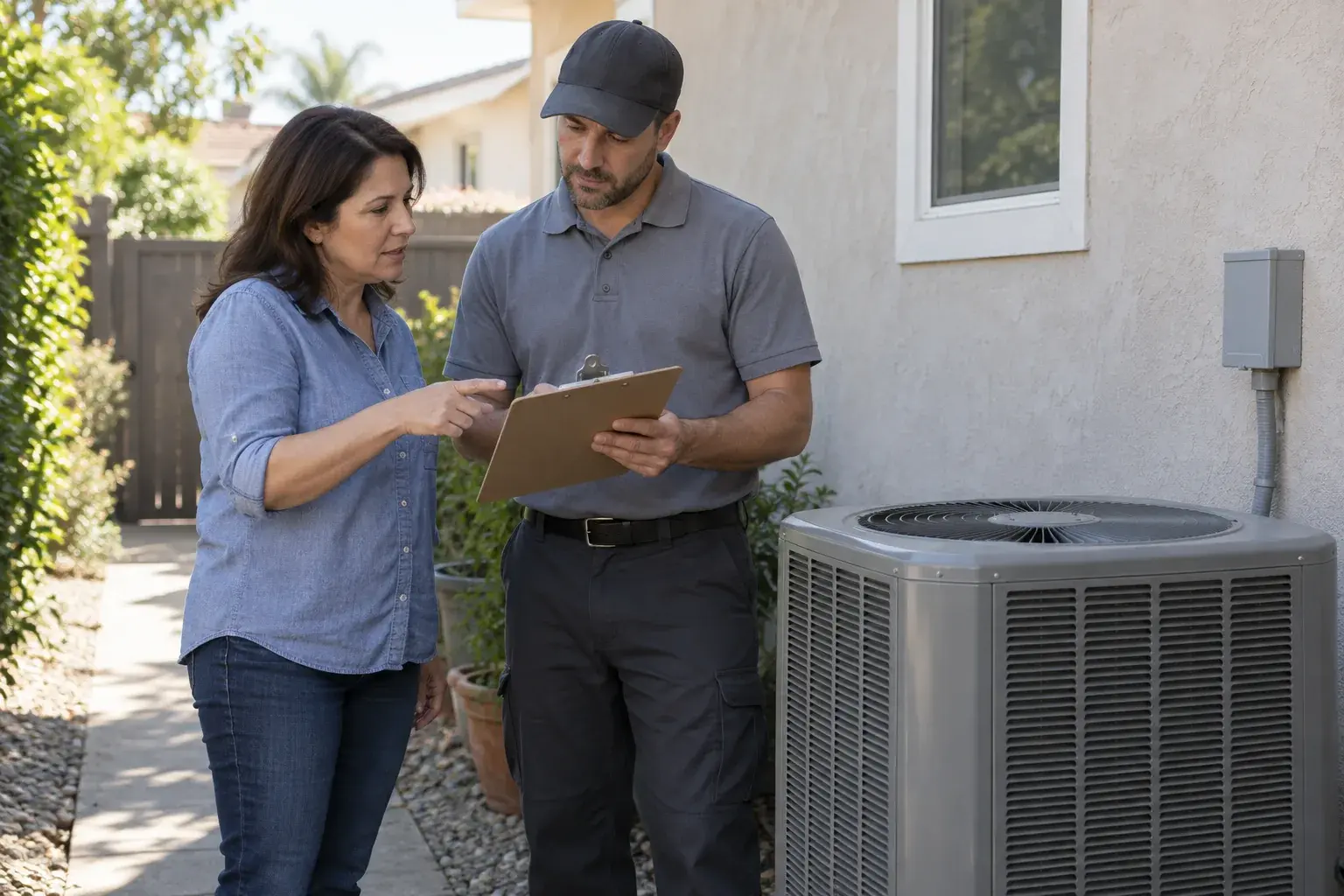 AI-generated homeowner sharing AC breaker-trip observations with an unbranded HVAC professional beside intact outdoor equipment.