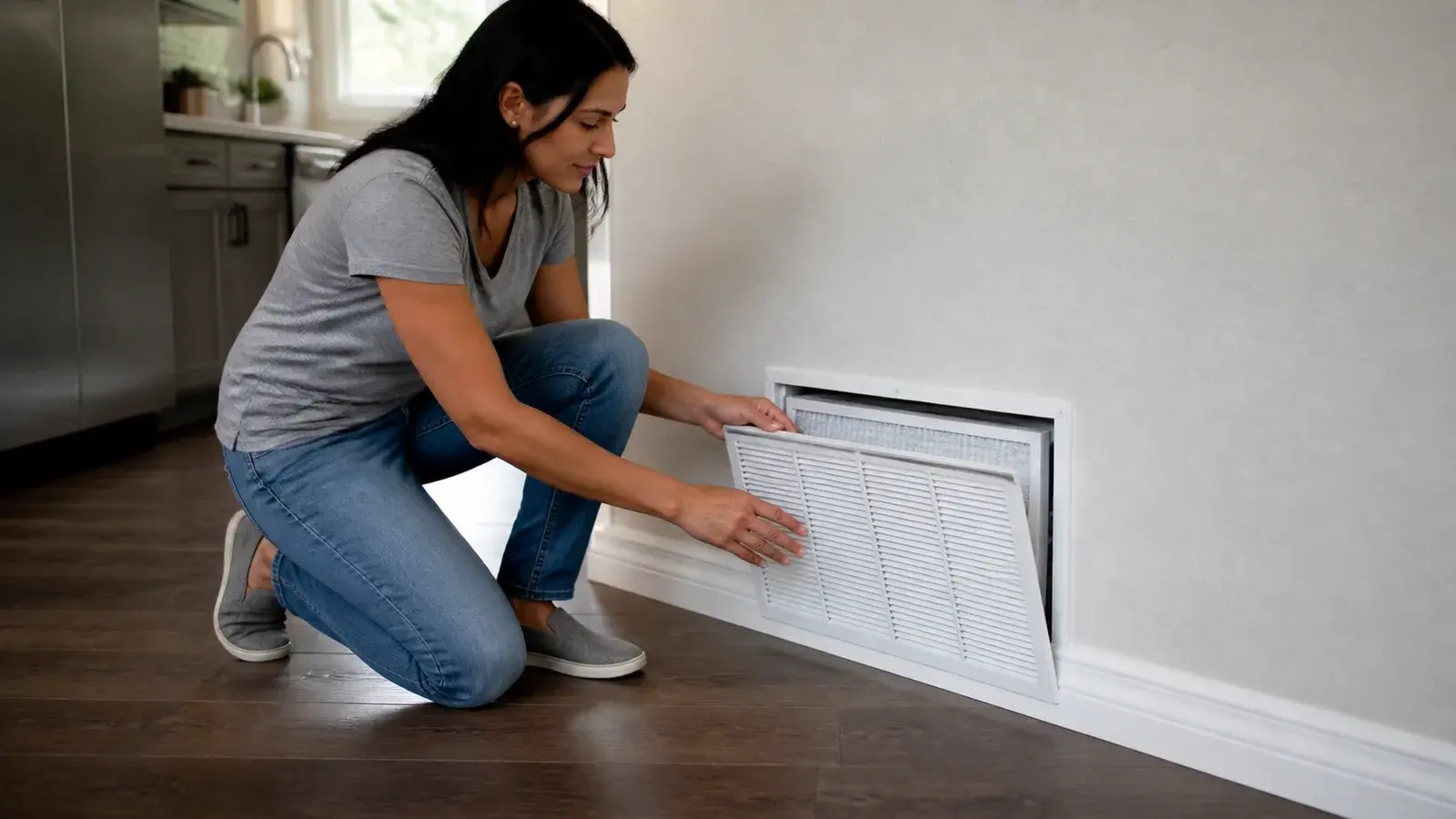 AI-generated photorealistic scene of a homeowner replacing a filter at an accessible return-air grille.