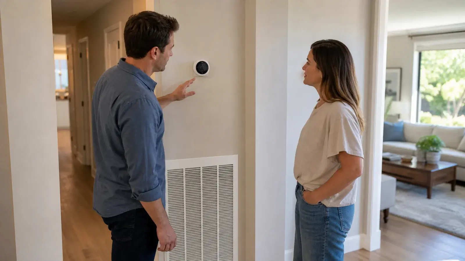 AI-generated photorealistic scene of a homeowner and HVAC professional reviewing a thermostat in a Southern California home.