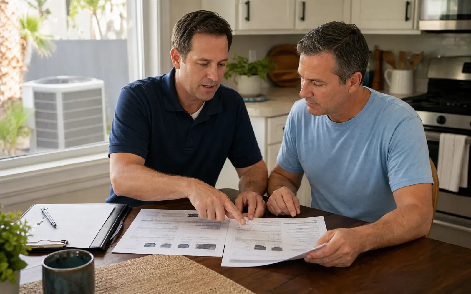 Homeowner comparing unbranded HVAC installation proposals with a contractor