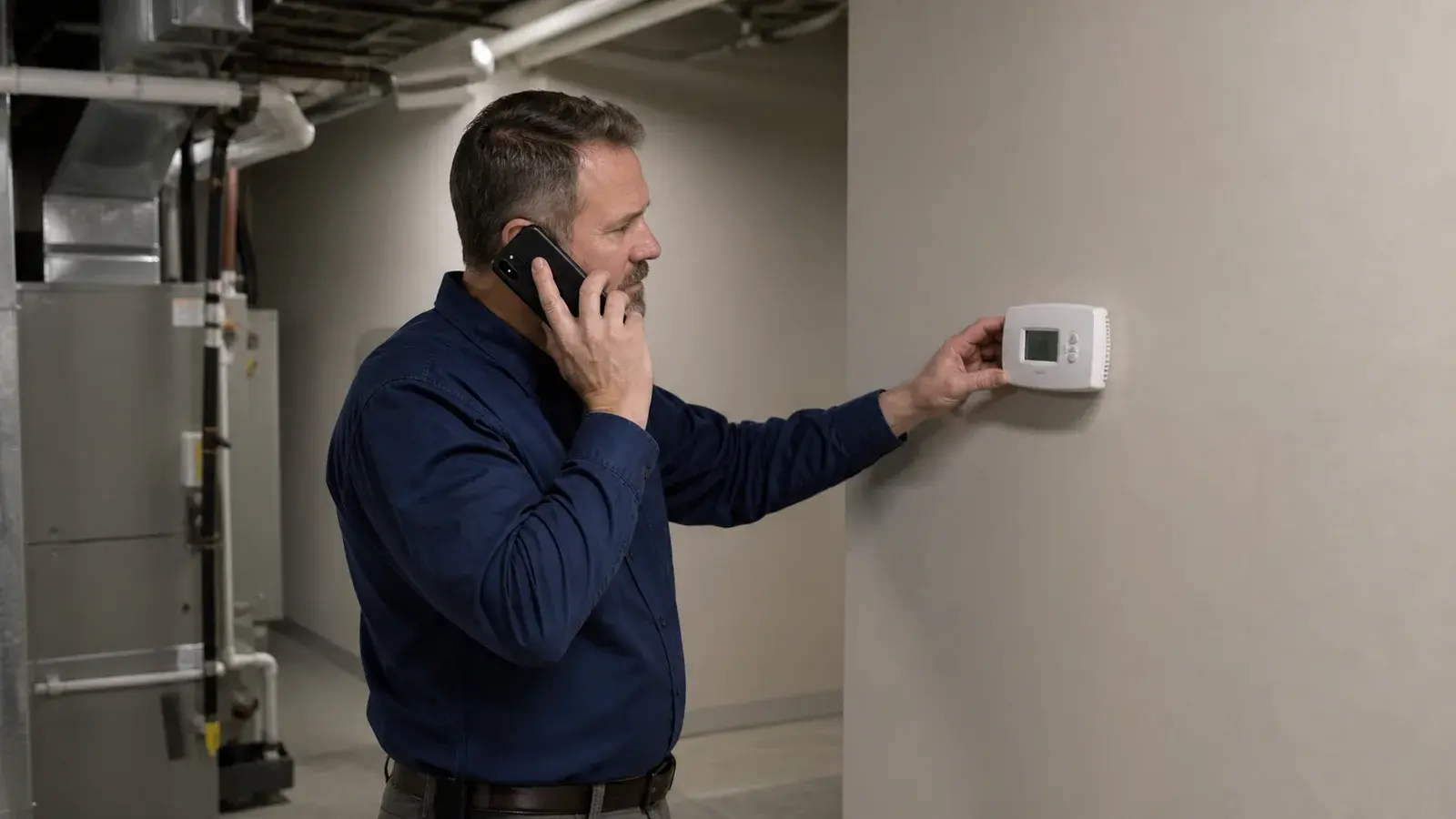 AI-generated facility manager observing a commercial HVAC control area.