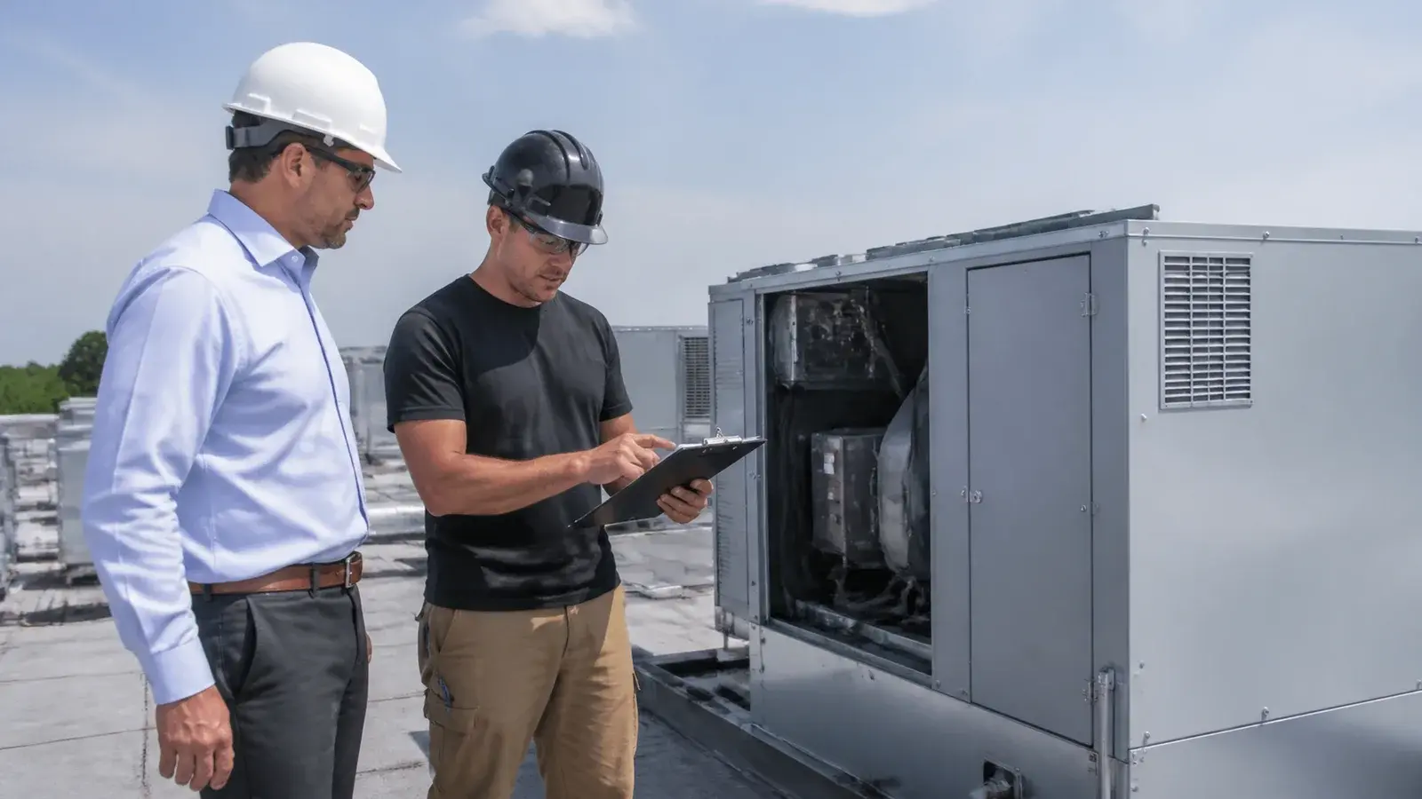AI-generated facility team reviewing an unbranded rooftop HVAC unit.