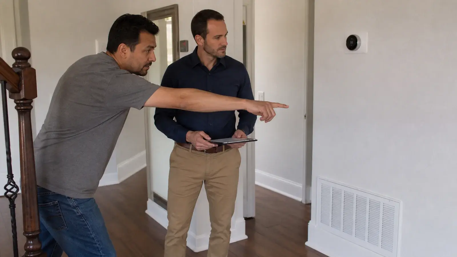 AI-generated photorealistic scene of an HVAC professional and homeowner discussing a home walkthrough.