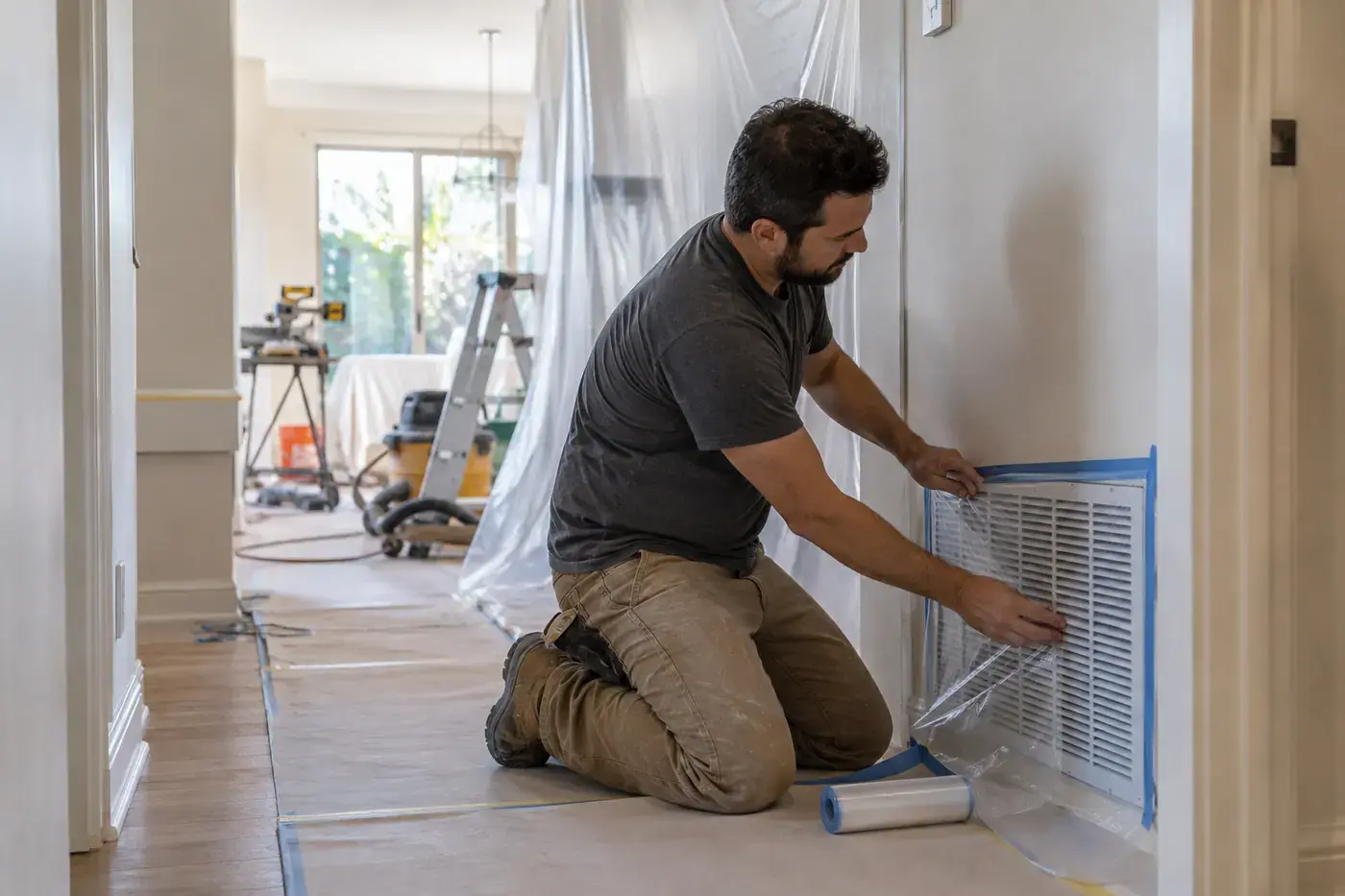 AI-generated contractor covering a return grille beside a renovation dust barrier while the HVAC is off.