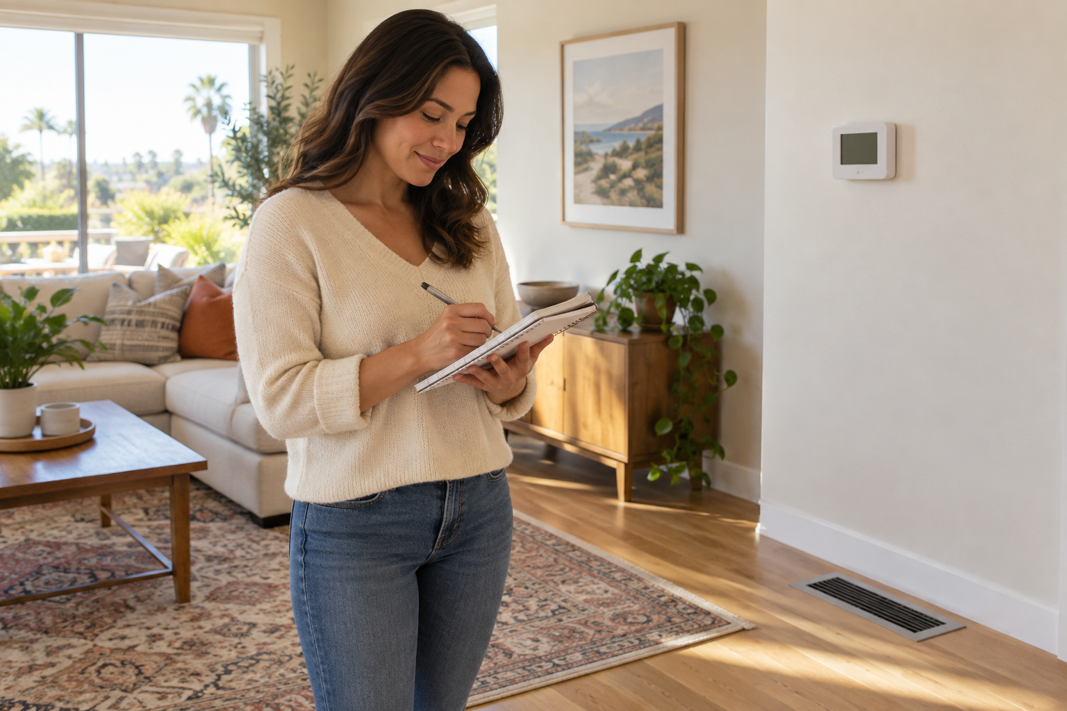 Homeowner records thermostat timing in a living room.