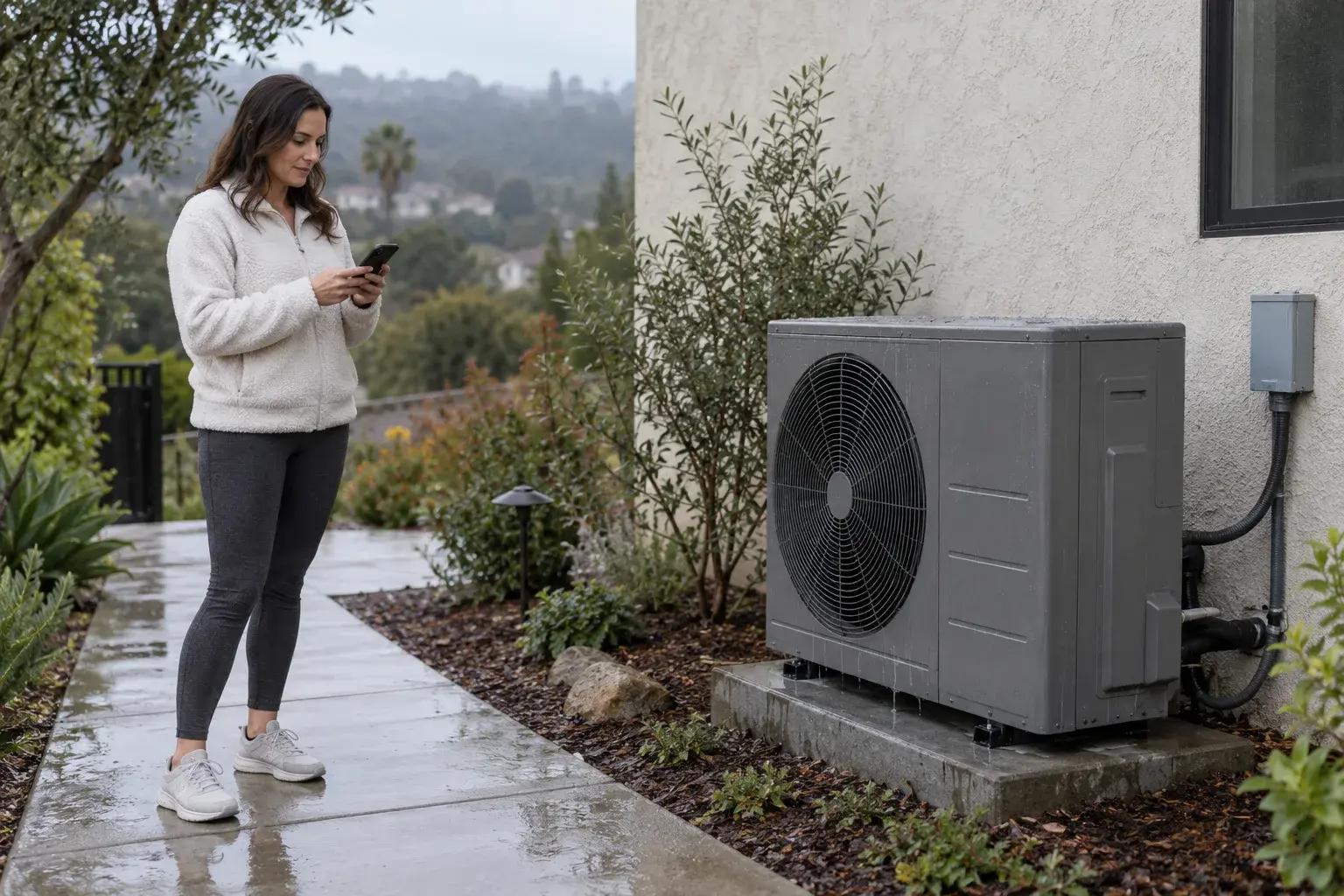 Homeowner records a heat-pump observation from a safe distance on a damp Southern California morning.