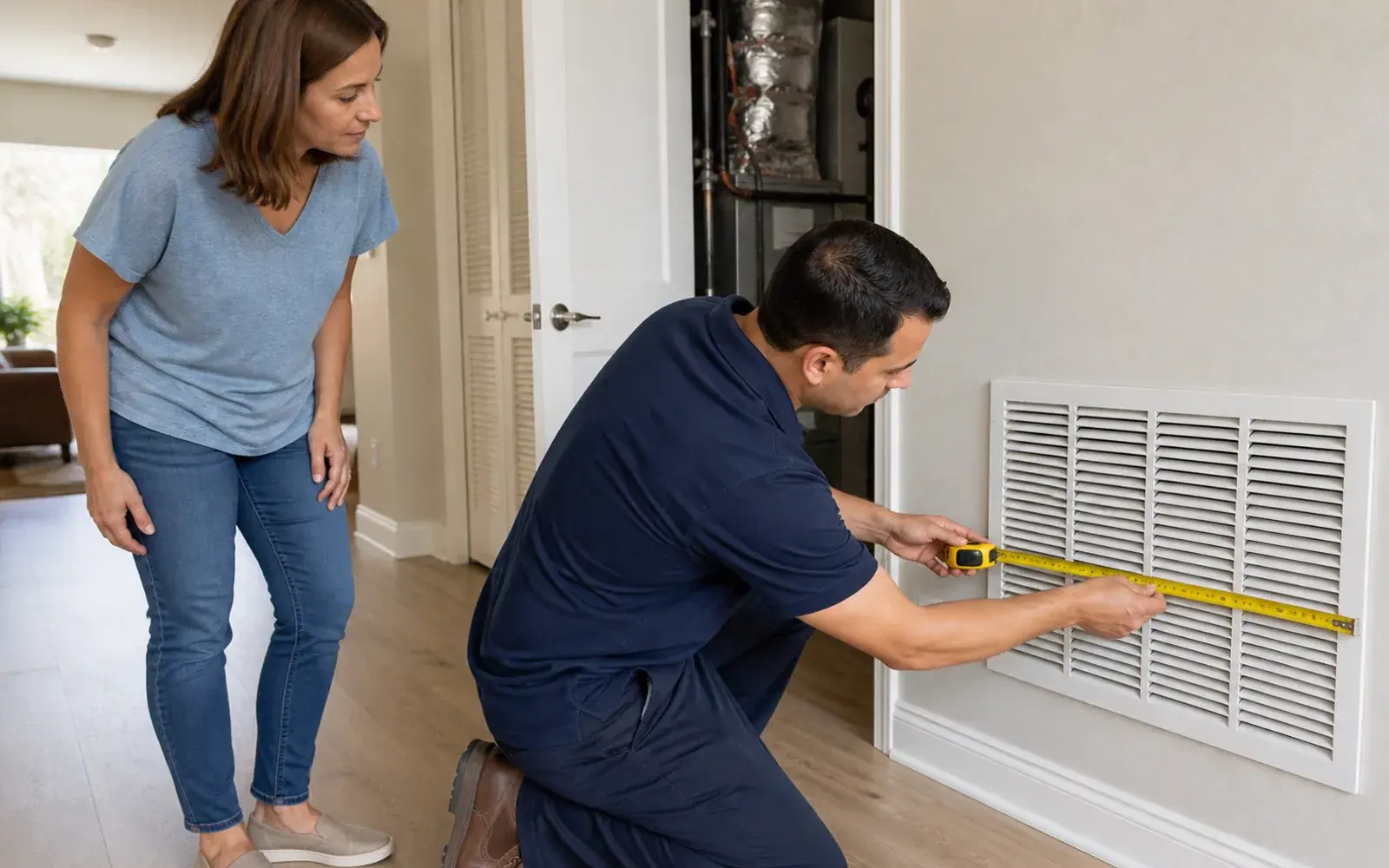 HVAC contractor measuring a return-air grille during a homeowner walkthrough