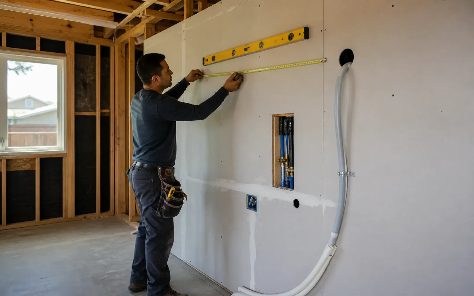 HVAC installer measuring a wall location during an unfinished California ADU rough-in