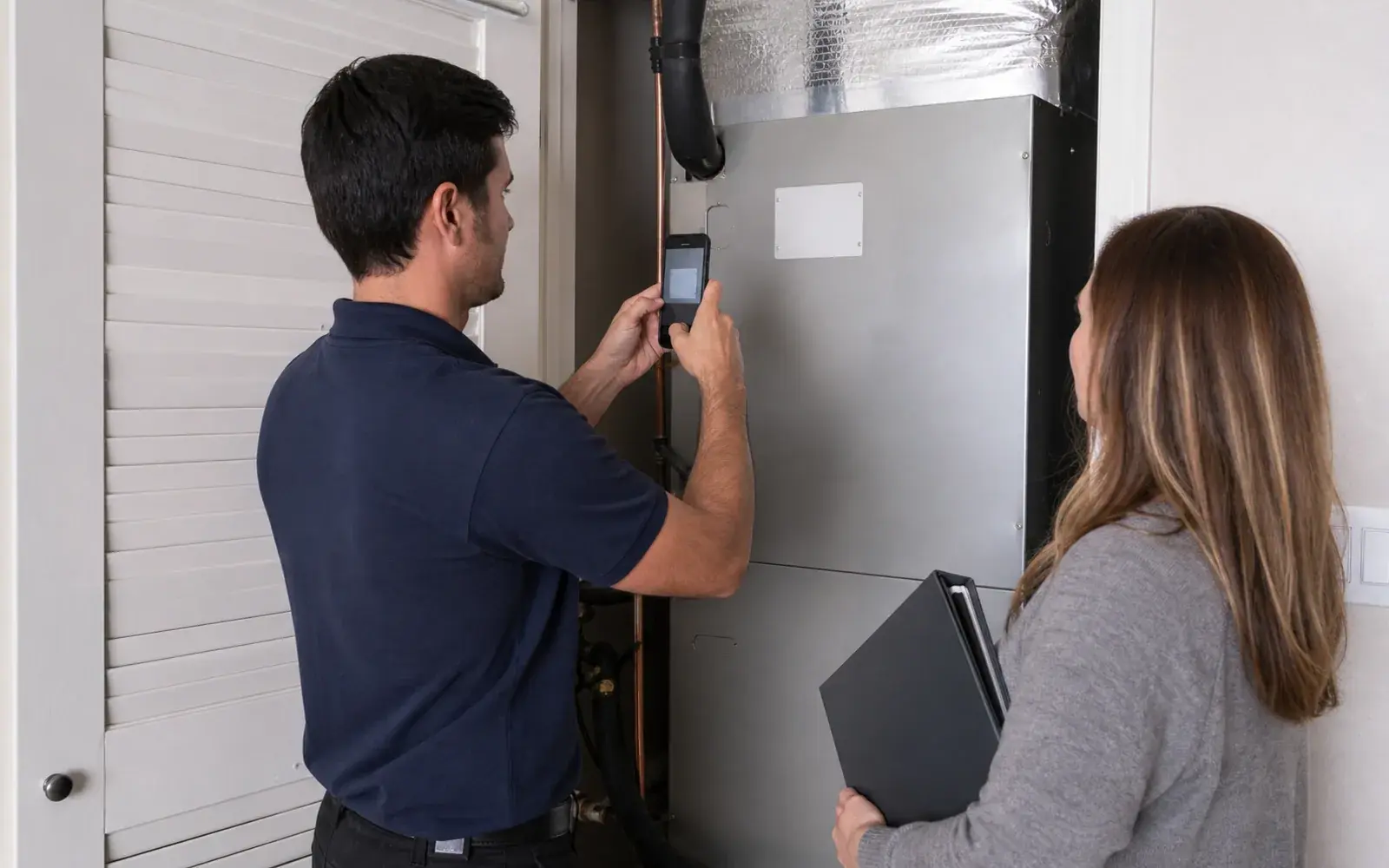 Technician documenting an unbranded air handler while a homeowner holds an equipment-record binder