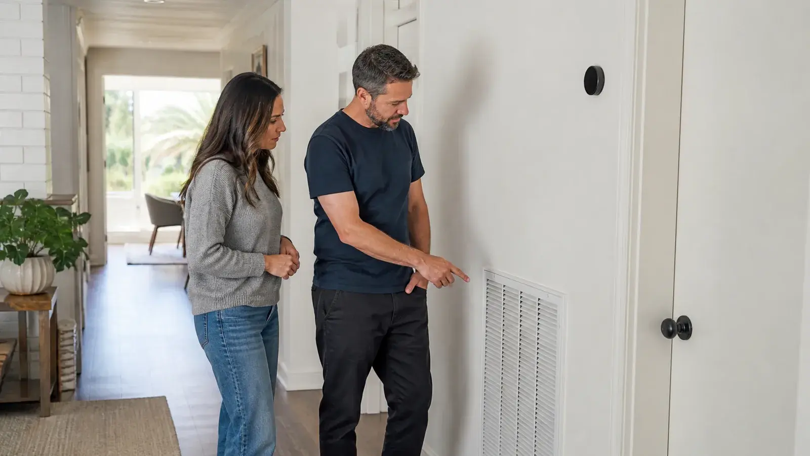 AI-generated homeowner and unbranded HVAC professional discussing an accessible return grille after remodel work.