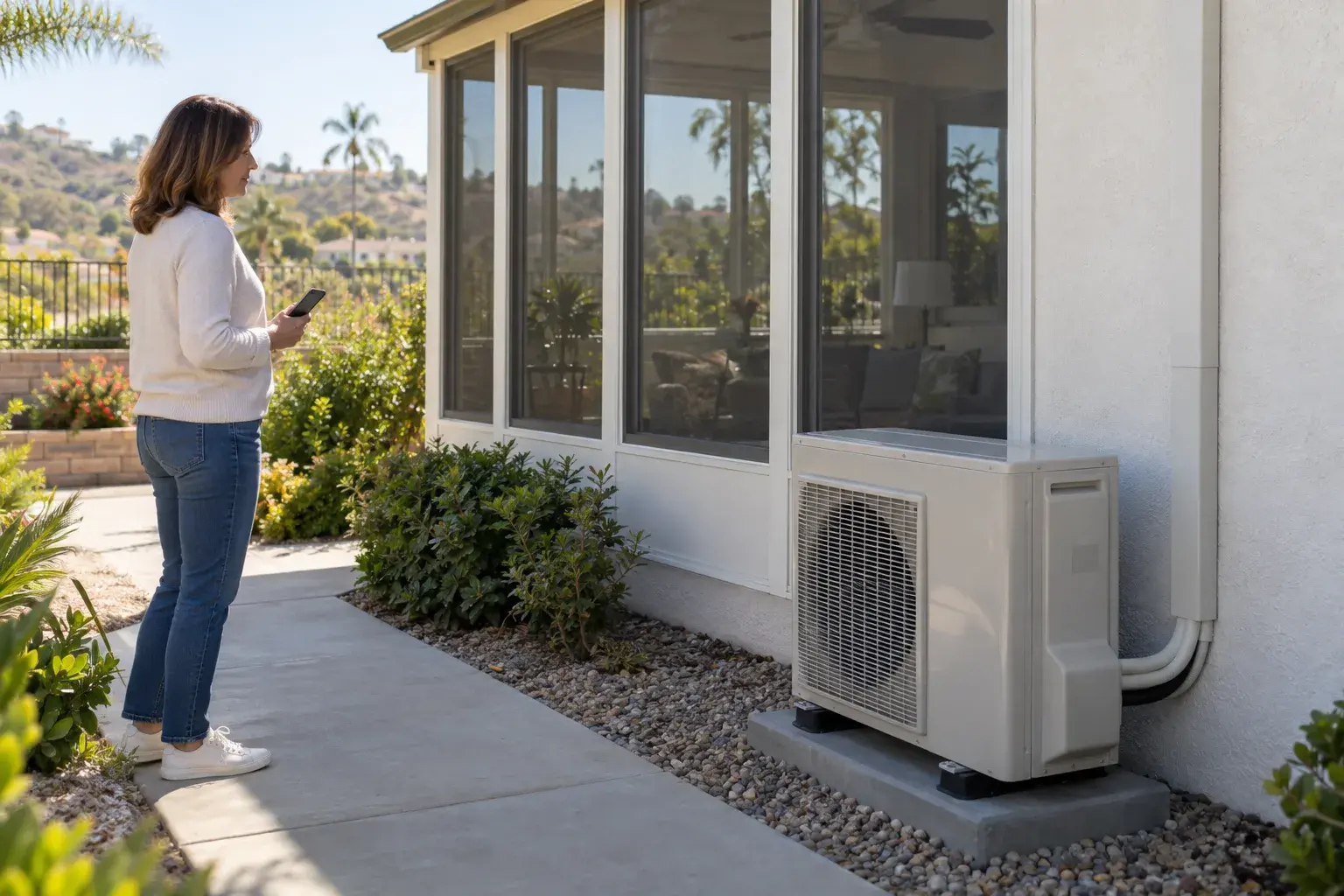 Homeowner observes a closed outdoor mini-split beside an enclosed Southern California sunroom from the walkway.