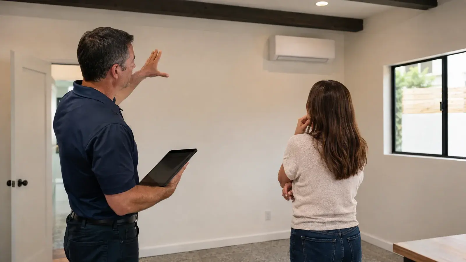 AI-generated photorealistic scene of a garage-conversion mini-split placement consultation.