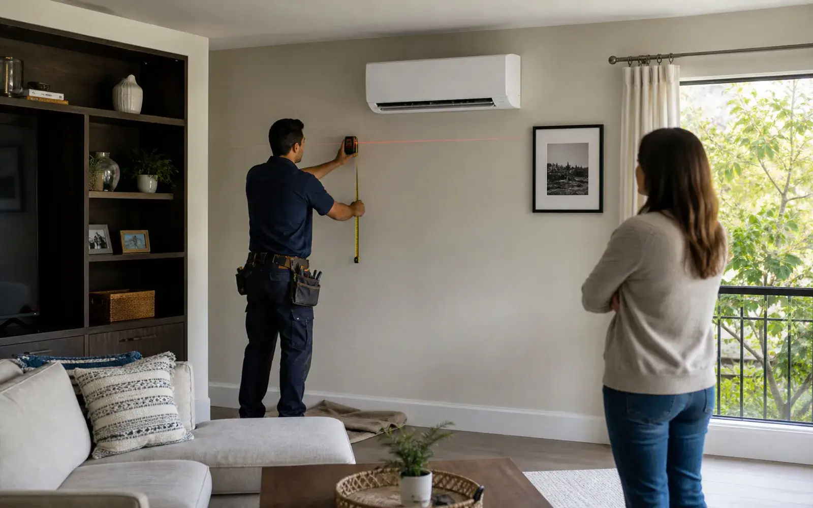 HVAC technician checking a mini-split indoor-unit location with a homeowner