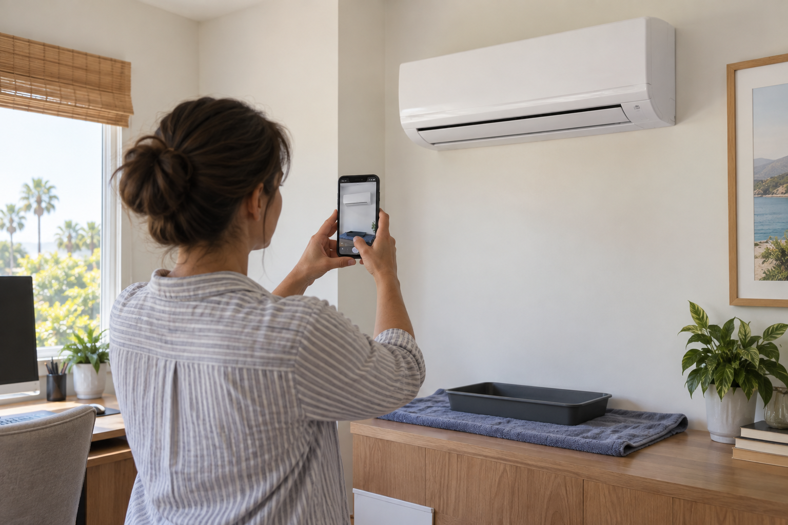 Homeowner photographs a closed ductless indoor head from a safe distance.