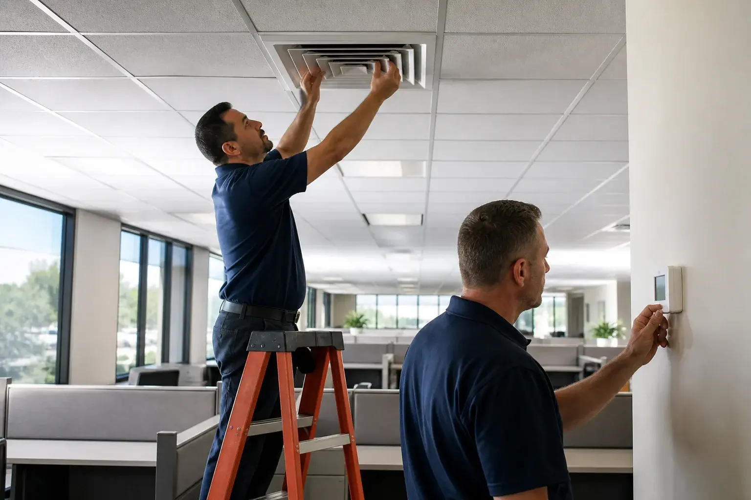 Technicians checking an unbranded office air diffuser and thermostat