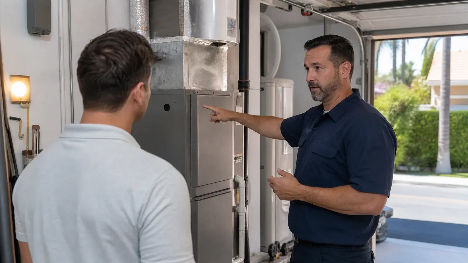 AI-generated photorealistic scene of a homeowner and HVAC professional discussing unbranded indoor equipment compatibility.