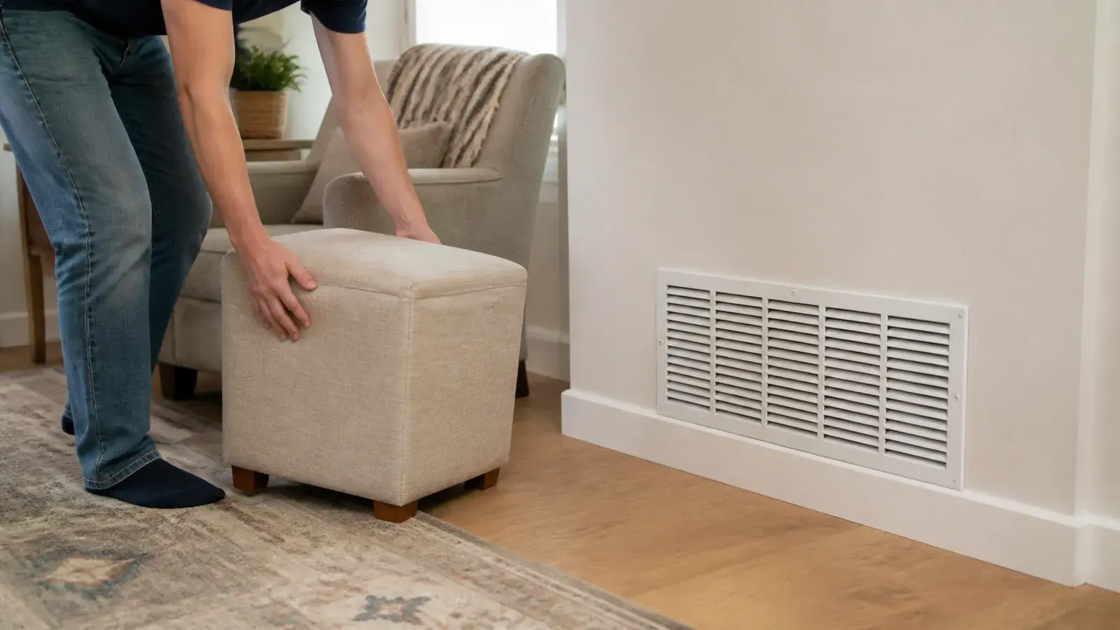 AI-generated homeowner moving a lightweight ottoman clear of an accessible return grille.