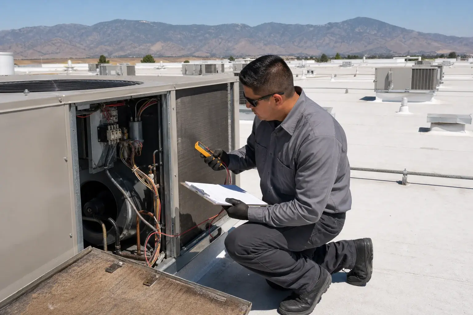Technician inspecting an unbranded rooftop HVAC unit on a warehouse