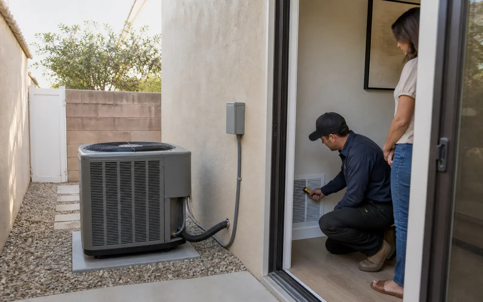Technician checking airflow near an installed residential AC system while a homeowner observes