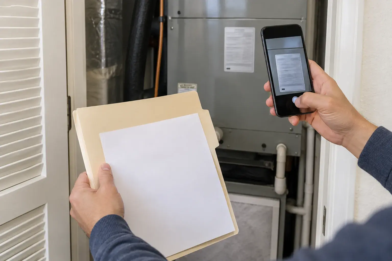 AI-generated homeowner filing a blank HVAC service record while photographing an accessible equipment label.