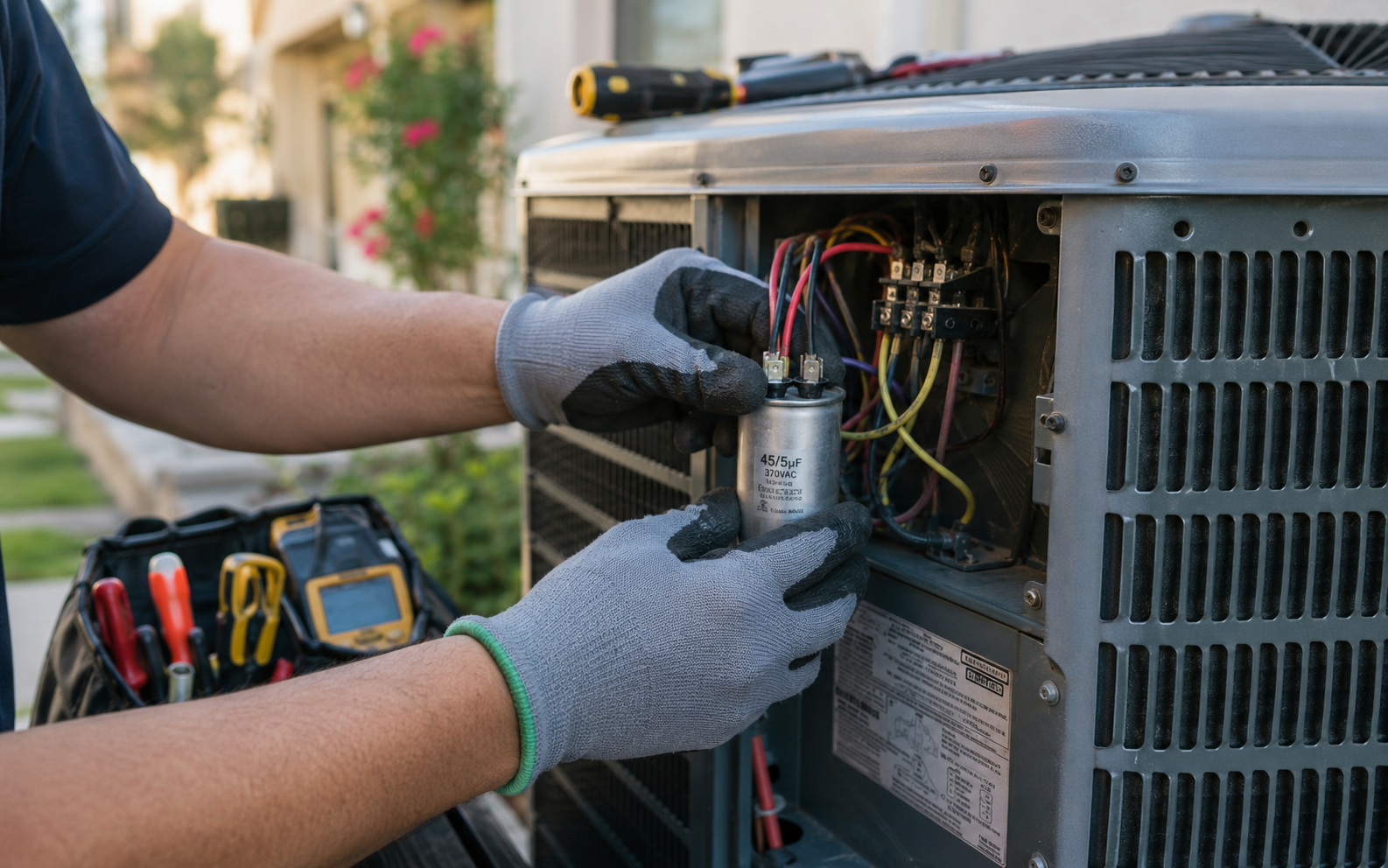Technician replacing a small AC capacitor