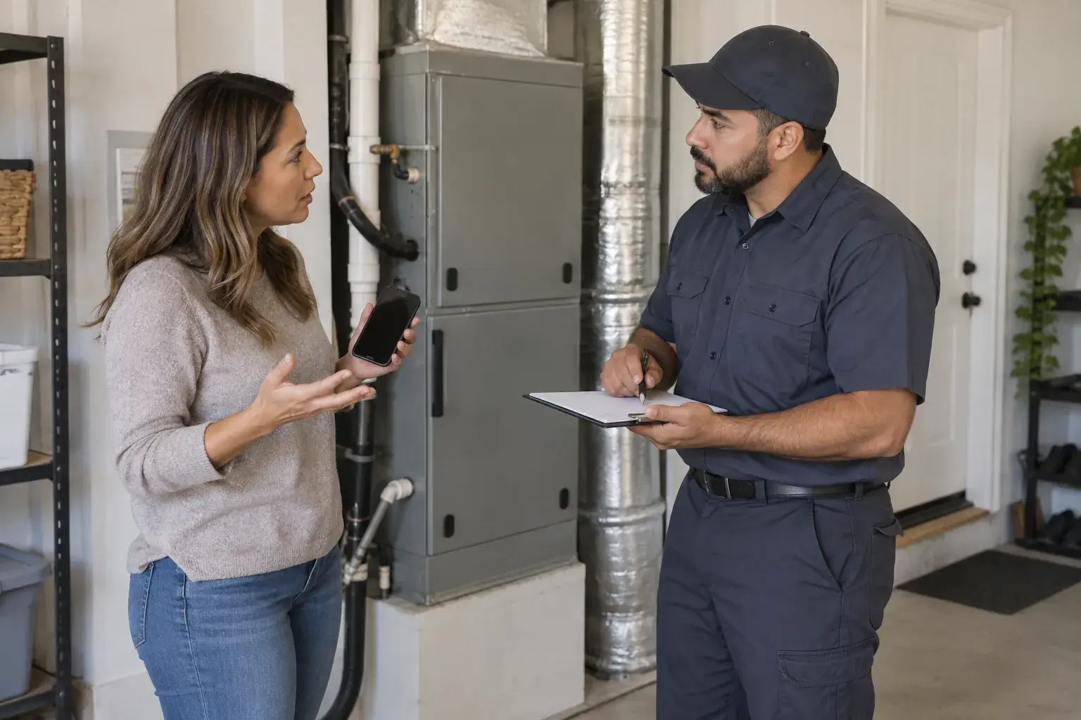 AI 生成的业主在关闭的室内机柜旁向无品牌 HVAC 专业人员说明气流与声音变化。
