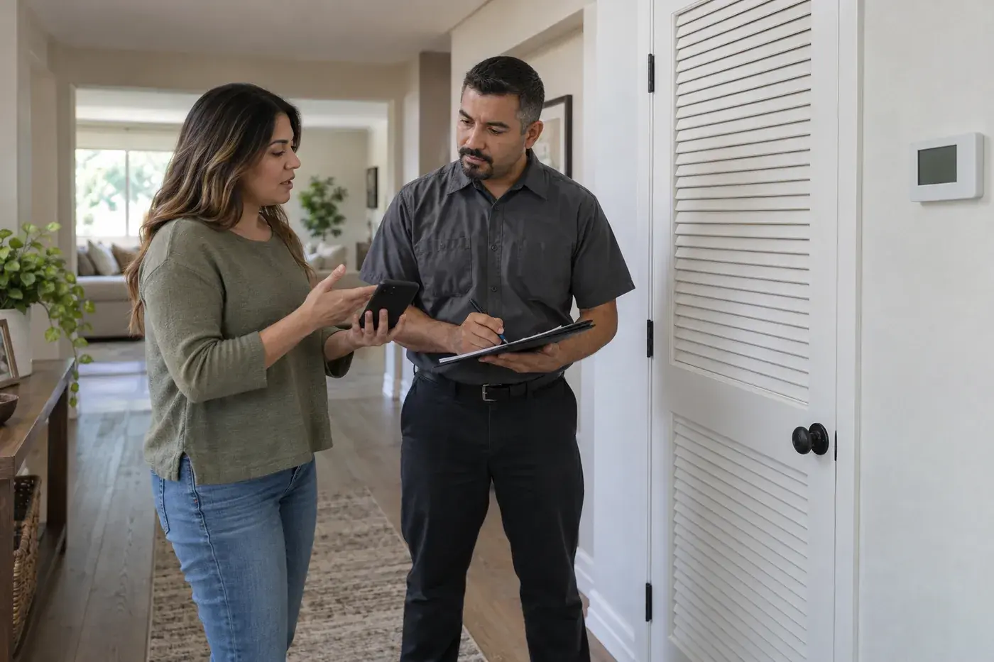 Homeowner shares furnace sound notes with an unbranded professional beside a closed equipment closet.