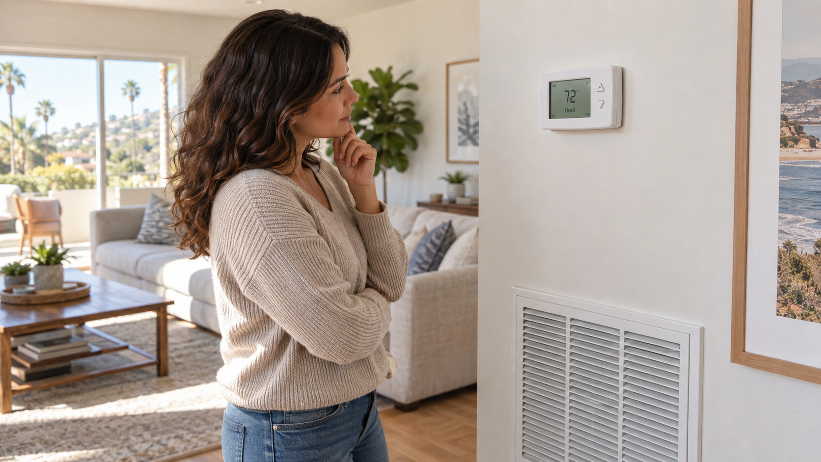 Propietaria observa un termostato y una rejilla cerrada en una sala luminosa.