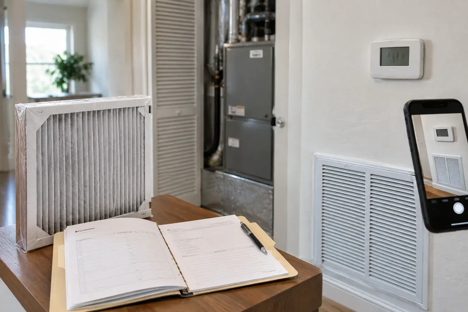 Administrador de propiedad generado por IA organizando un expediente de mantenimiento de HVAC junto a un termostato y rejilla de retorno accesibles.
