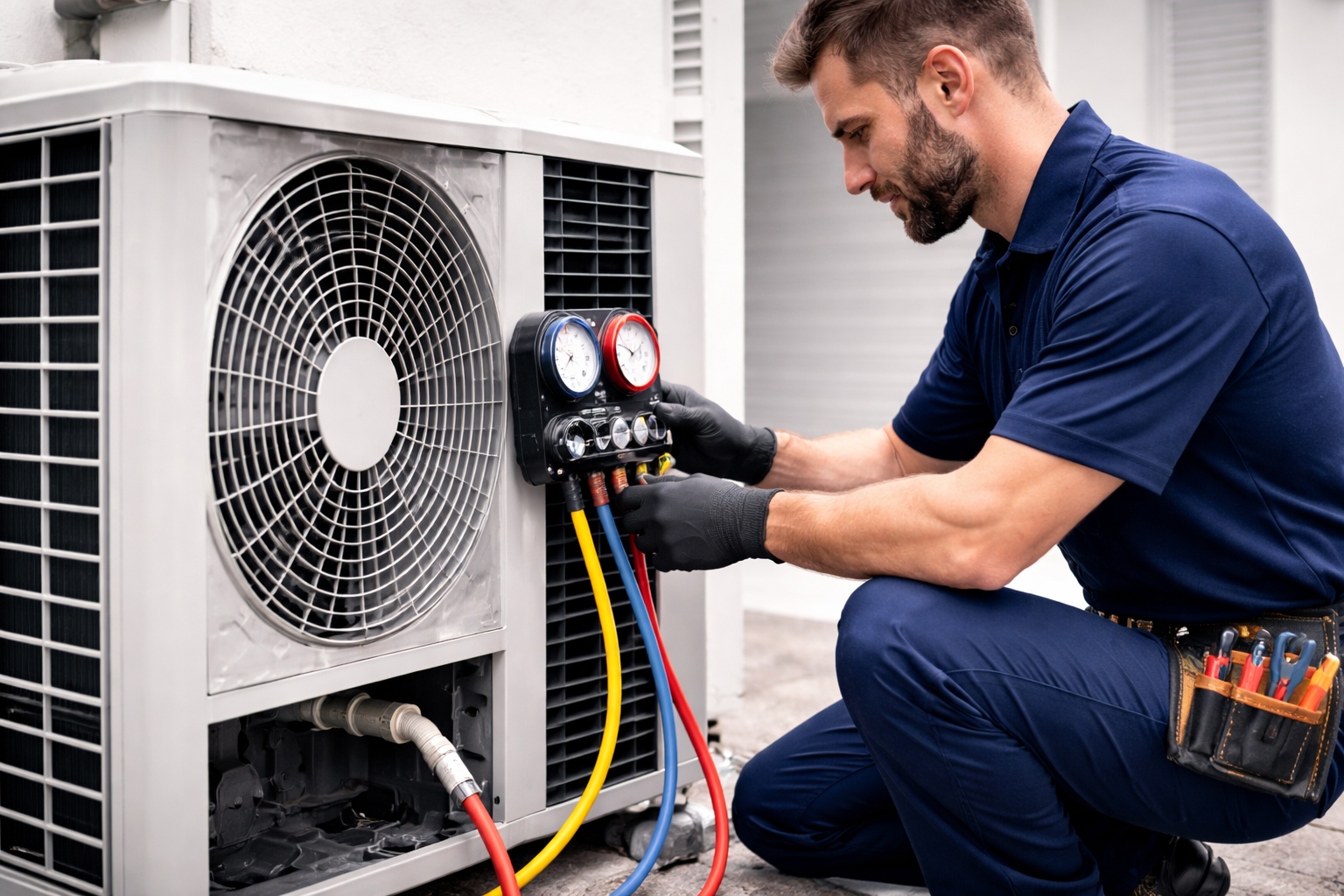 HVAC technician servicing air conditioning unit
